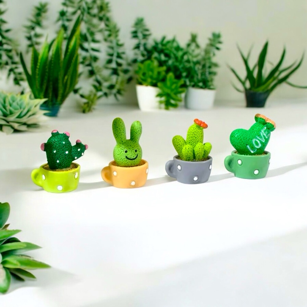 Set Of 4pc Cactus‎ Resin Ornaments Potted Miniature Succulent Cactus Home Decor